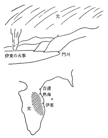 「神奈川県吉浜村から見た地震の発光」のキャプション付きの図