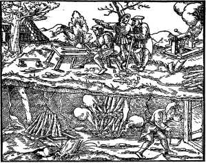 「Fig 6 Health Hazards in Mines, 16th Century: from de re metallica　図６　坑道における、16世紀。「鉱業冶金」から。」のキャプション付きの図