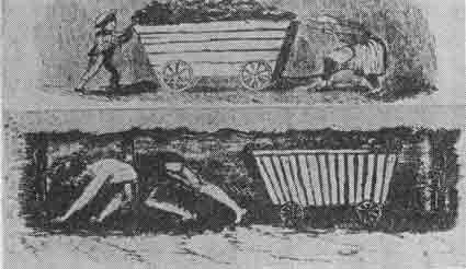 「Fig 7 Labor Conditions in Coal Mines, 19th Century: from Report of the Children's Employment Commission, on Mines and Collieries, 1842.　図７　炭坑における労働条件、19世紀：「鉱山、炭坑における児童雇用委員会報告」ロンドン、1842から」のキャプション付きの図
