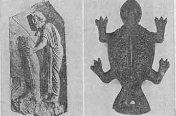 「Fig 30 Varicose Leg from the Asclepius temple (left) & Wax Toad Representing Uterus (right).　図30　静脈瘤の脚（アスクレピオス神殿）（左）、子宮を表現する蝋のヒキガエル（右）」のキャプション付きの図