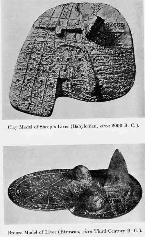 「第7図 ヒツジの肝臓の粘土モデル(バビロニア、紀元前約2000年)および青銅モデル(エトルリア、紀元前3世紀)」のキャプション付きの図