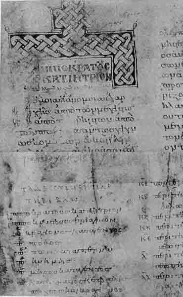 「第28図 ヒポクラテスのものと伝えられている最古の手稿(9世紀)(フィレンツェの Codex Laurentianus)」のキャプション付きの図