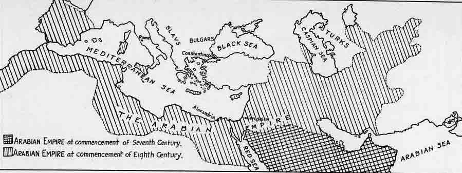 「第36図　長方形は７世紀始めのアラビア帝国　斜線は８世紀始めのアラビア帝国」のキャプション付きの図