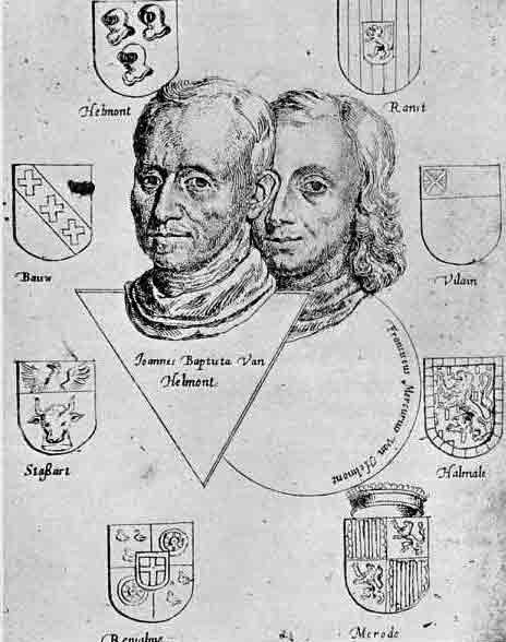 「第58図　ファン・ヘルモントの肖像画および血統書（彼の「医学の基礎」（Elzvir edition, 1648）１ページの対向）」のキャプション付きの図