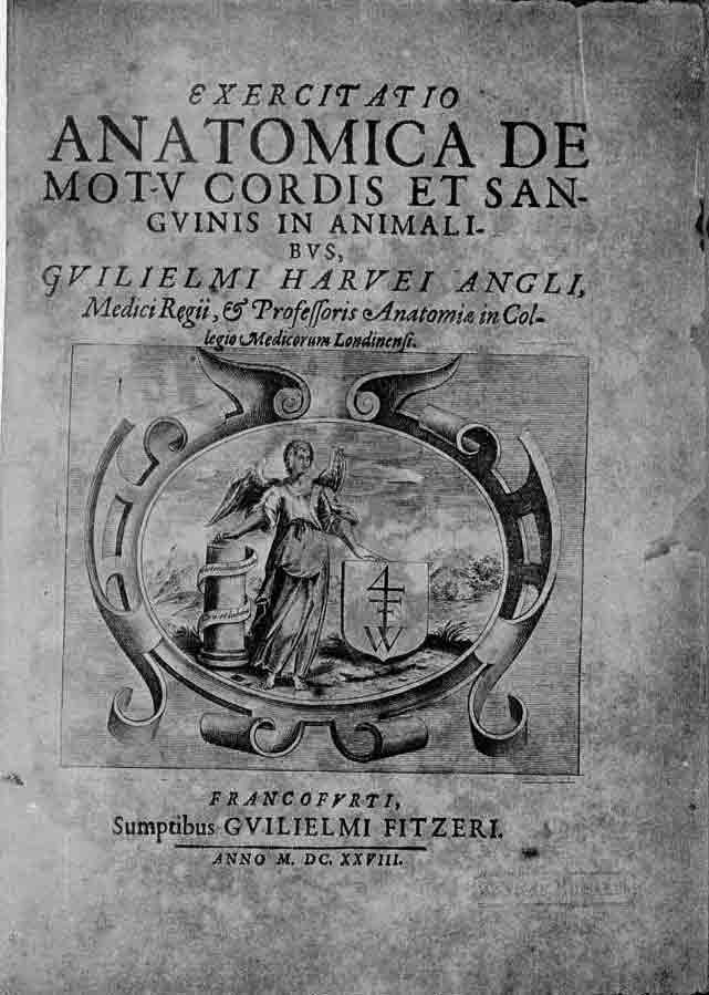 「第75図 ハーヴィの「血液循環」の扉(1628)」のキャプション付きの図