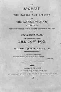 「第98図 ジェンナーのインクワイアリ(*AN INQUIRY INTO THE CAUSES AND EFFECTS OF THE VARIOLAE VACCINAE, A DISEASE DISCOVERED IN SOME OF THE WESTERN COUNTIES OF ENGLAND, PARTICULARLY GLOUCESTERSHIRE, AND KNOWN BY THE NAME OF THE COW POX.(1798))――の扉」のキャプション付きの図