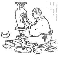 「図‐603［＃「603」は縦中横］　甕の凹所に花の浮かしをつくっている陶工」のキャプション付きの図