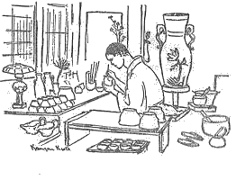 「図‐604［＃「604」は縦中横］　陶器に装飾しつつある工匠（石油ランプを見よ）」のキャプション付きの図